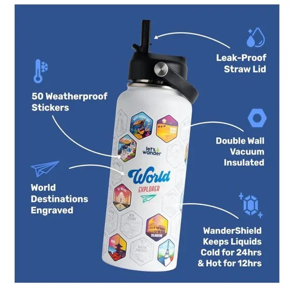 LET'S WANDER World Water Bottle with 2 Sets of 50 Waterproof Stickers - 32oz - Picture 3 of 8